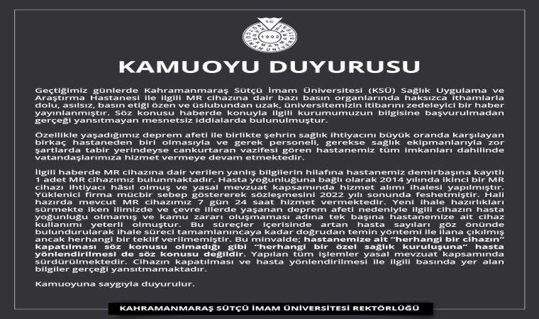 KSÜ’den MR cihazı iddialarına açıklama geldi!