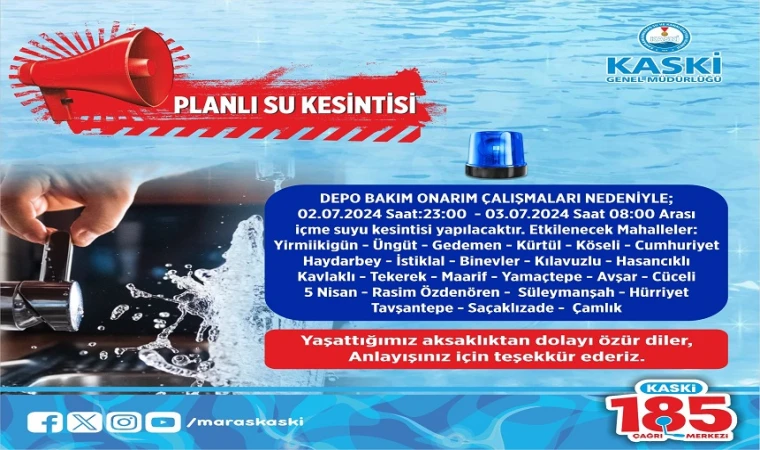Onikişubat’ta 24 Mahallede Su Kesintisi Uyarısı!